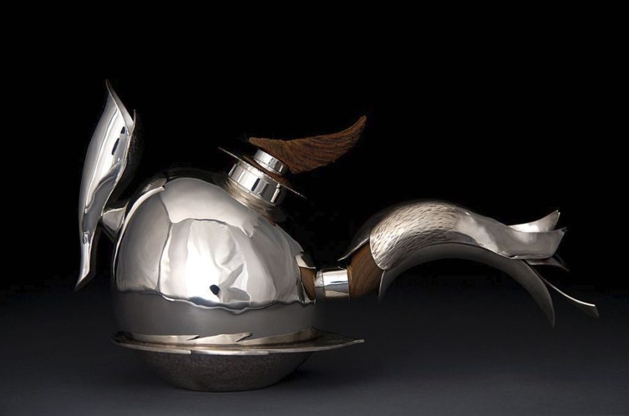 A product photo of a handmade silver teapot, made by Brigitte Clavette