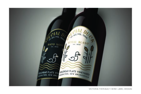 Student-designed wine label featuring creative typography and illustration.