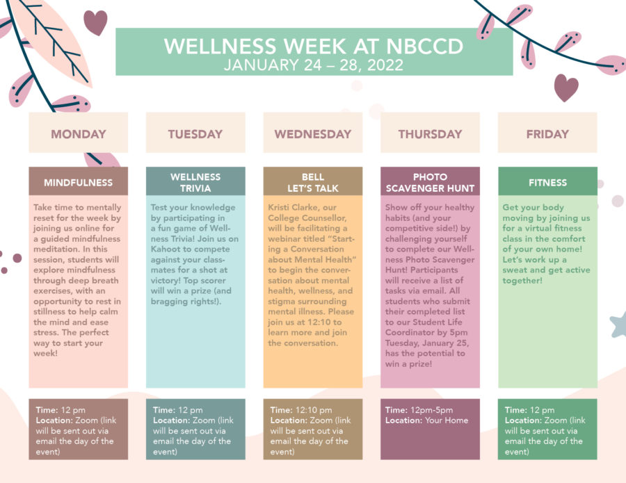 Schedule of virtual wellness week activities for the week of January 24-28, 2022 at the New Brunswick College of Craft and Design.