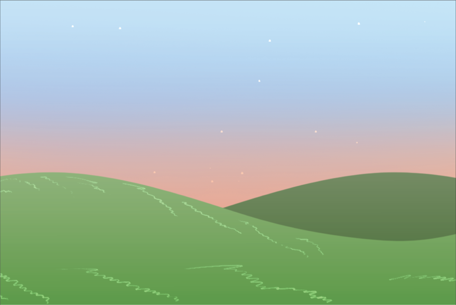 Illustration of green fields with a pink and blue sky at dusk and faint stars appearing at the top of the photo.