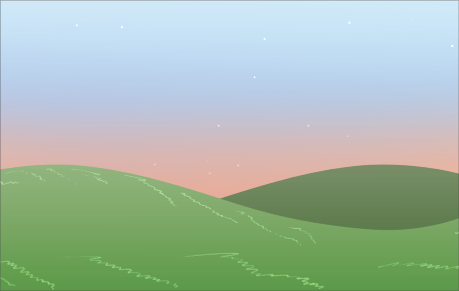 Illustration of green fields with a pink and blue sky at dusk and faint stars appearing at the top of the photo.